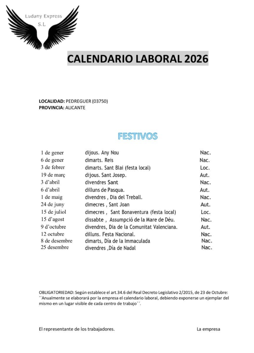 Calendario Laboral 2026